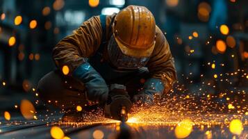 A worker in protective gear is grinding metal on the factory floor, generating bright sparks in the dimly lit environment. The focus is on the craftsmanship and safety. photo