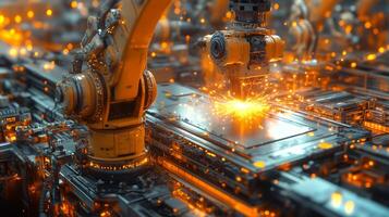 Robotic arms expertly conduct welding operations in a high-tech manufacturing facility, showcasing the integration of automation and artificial intelligence to boost productivity. photo