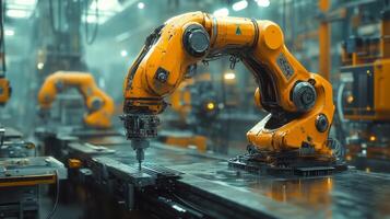 In a state-of-the-art factory, robotic arms efficiently assemble components on conveyor belts, enhancing productivity through automation and precise engineering. photo
