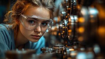 A young woman wearing safety goggles is closely examining intricate machinery in a modern industrial workshop. The environment highlights advanced automation and engineering practices. photo