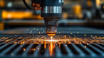 A laser cutting machine operates within a manufacturing facility, creating sparks as it precisely cuts through metal materials. Automation technology improves production efficiency. photo