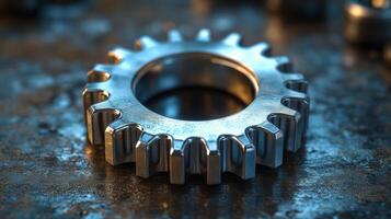 Focus on a metallic gear showcasing intricate tooth design, reflecting light in an industrial environment, essential for machinery in production and assembly operations. photo