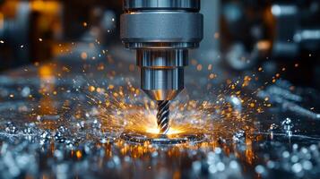 A high-speed machine tool is engaged in cutting metal with precision in a factory. Sparks fly as metal shavings are produced, showcasing advanced manufacturing techniques. photo