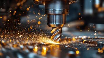 A high-speed machining tool cuts through metal, creating bright sparks and shavings in a state-of-the-art factory. This automation enhances efficiency and precision in manufacturing. photo