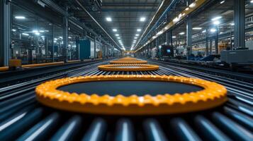 Brightly lit factory interior features a conveyor system transporting circular components. Automated machinery operates seamlessly in the background, enhancing productivity and efficiency. photo