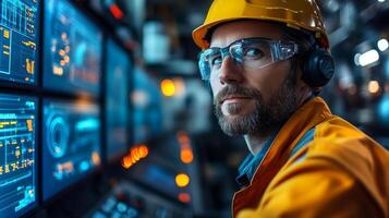 In a busy manufacturing facility, an industrial engineer with safety gear attentively monitors screens displaying important data about automated machinery. photo