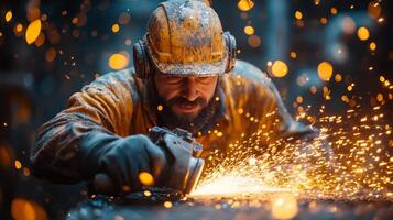 A worker in protective gear is focused on metal fabrication, using a grinding tool that creates bright sparks. The factory is busy with automated machinery operating nearby. photo