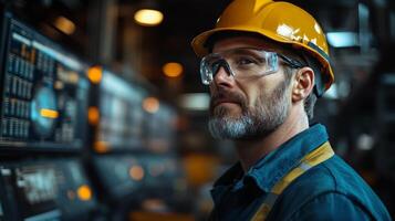 A dedicated worker inspects the intricate control panel in an automated manufacturing facility. This scene showcases modern engineering practices in a bustling industrial environment. photo