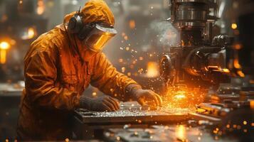 A worker dressed in safety gear is fabricating metal components in a bustling factory. Sparks and molten material illustrate the intensity of the automated assembly process at dusk. photo