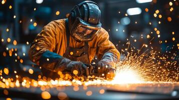 A skilled worker performs metal fabrication using a grinding tool in a bustling factory. Sparks fly as machinery operates, reflecting the energy of an automated production environment. photo