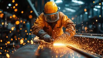 A worker in protective gear operates machinery in a factory, generating bright sparks as metal is shaped and fabricated. photo