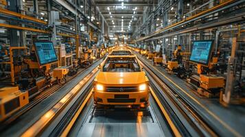 Workers are overseeing an automated assembly line where vehicles are being assembled using advanced machinery and cutting-edge technology in a manufacturing plant. photo