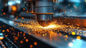 A laser cutting tool is actively processing a metal sheet in a high-tech manufacturing facility, producing bright sparks and showcasing automation and engineering advancements. photo