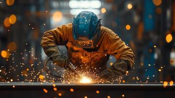 A skilled worker is engaged in welding operations inside a bustling manufacturing facility. Sparks fly as metal is fused, showcasing the precision of industrial automation and engineering. photo