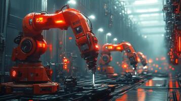 Robotic arms equipped with advanced technology are actively engaged in manufacturing processes within a high-tech factory, optimizing production time and quality. photo