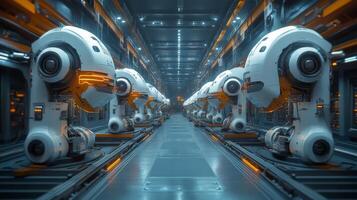 Robotic arms are actively working on an automated assembly line within a highly advanced manufacturing facility. The interior showcases a futuristic design emphasizing efficiency and technology. photo