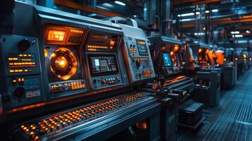 Advanced industrial machines are operating in a workshop, featuring bright displays and control panels. The environment emphasizes automation and efficient engineering processes. photo