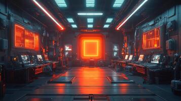 Inside a high-tech manufacturing facility, advanced automation equipment and control panels emit red light. Engineers monitor systems and prioritize safety measures in this modern workshop. photo