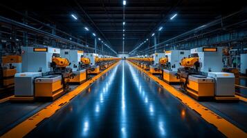 A row of advanced manufacturing machines operates in a well-lit, spacious factory. The facility emphasizes efficiency, safety, and modern engineering practices with a focus on automated processes. photo