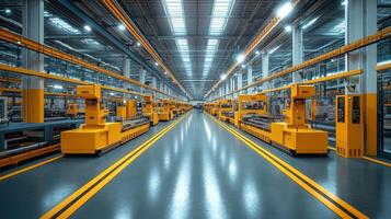 In a large manufacturing facility, automated machinery is focused on precise engineering tasks. The spacious workshop is well-lit, emphasizing safety and efficiency in the industrial workspace. photo