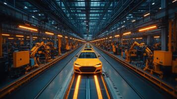 In a cutting-edge automotive factory, robotic arms efficiently work on yellow cars moving along the automated assembly line. Bright lighting highlights the advanced manufacturing process. photo