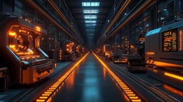 A streamlined manufacturing workspace is highlighted by illuminated machinery and equipment, emphasizing efficiency and safety in an automated workflow during the day. photo