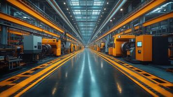 High-tech manufacturing facility features rows of automated machinery with bright orange safety elements. The spacious layout enhances workflow and efficiency in production. photo