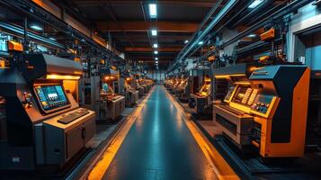 Rows of automated machines illuminate a spacious manufacturing workshop, highlighting advanced engineering and industrial processes during nighttime hours. photo