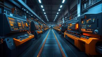 Inside a state-of-the-art manufacturing facility, high-tech machines line the workshop, illuminated by bright orange lights. Engineers monitor automated processes for efficiency. photo