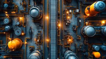 An overview of a modern factory filled with automated machinery and industrial equipment. Bright lights illuminate the workspace, highlighting safety features and organized systems in action. photo