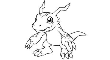Coloring page featuring Agumon a popular Digimon with its reptilian features and friendly expression vector