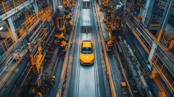 A bright yellow vehicle moves through a high-tech manufacturing facility filled with advanced machinery and automated systems. photo