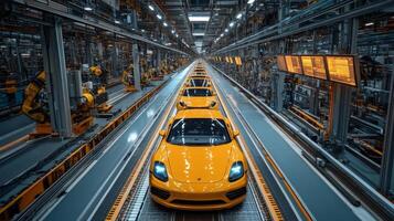 A state-of-the-art manufacturing facility showcases yellow cars moving through an automated assembly line. Robotic arms engage in precise tasks, enhancing production efficiency. photo
