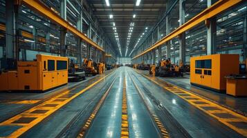 This advanced manufacturing space features automated machinery arranged along wide, clean aisles. Safety equipment is visible as workers efficiently oversee operations in a well-lit factory setting. photo