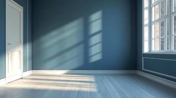 Blue walled room with natural light. The sunlight streams through the window, creating patterns on the wall and emphasizing the room's depth. photo