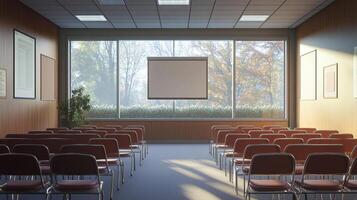 Empty conference room filled with rows of chairs facing a large window with a projection screen, creating a calm and organized atmosphere. photo