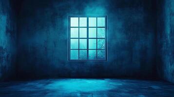 A hauntingly beautiful empty room bathed in blue light, with a window revealing a misty scene, evoking feelings of mystery and tranquility. photo
