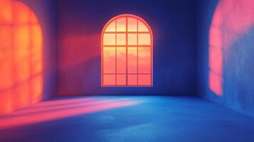 Illuminated room with light filtering through an arched window. Interior space design with contrasting color temperature in the light and walls. photo
