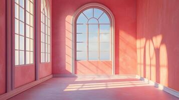 Sunlight streams into a pink-toned room through large arched windows, creating geometric light patterns on the floor and walls. photo