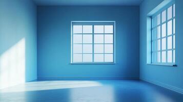 Minimalist blue room with natural light streaming through grid windows, creating a serene and modern architectural interior. photo