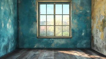 Rustic room with aged walls and a window offering a glimpse of the outside. The paint is peeling and the floor is wooden. photo