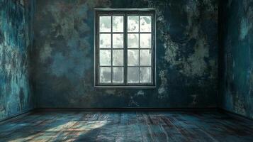 Dilapidated room featuring textured walls, worn wooden floors, and a frosted window letting in diffused light, creating a moody atmosphere. photo