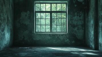 A light-filled window in a decaying, textured wall, hinting at nature reclaiming abandoned spaces with a touch of eerie beauty. photo