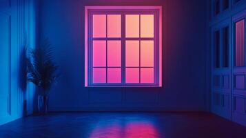 Illuminated window reflects hues onto the wooden floor in a room painted in vibrant shades of blue, creating a warm and cool contrast. photo