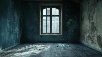 Desolate room with decaying walls and a window letting in light, painting the weathered floorboards with a melancholic glow. photo
