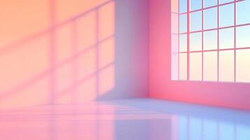 Soft pink room with a large window casting shadows, creating a serene and minimalist atmosphere filled with natural light and pastel hues. photo