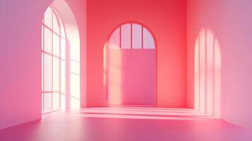 Pink room with archways and sunlight. The sunlight is shining through the windows and archways, creating shadows on the floor. photo