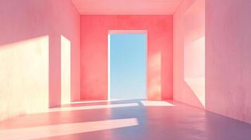 A room washed in shades of pink, with an open doorway framing a serene blue sky, creating a tranquil and dreamlike atmosphere. photo