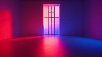 An empty room bathed in vibrant neon lights, featuring a grid-paned window as a focal point, casting colorful shadows across the floor. photo