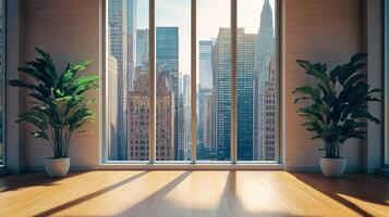 Bright city apartment interior with potted plants, hardwood floor, large window and views of the distant urban skyline. photo